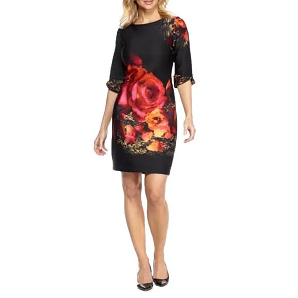 Julian Taylor Scuba Sheath Dress 6 Black Pink Red Stretch Career Church Washable - Picture 1 of 11